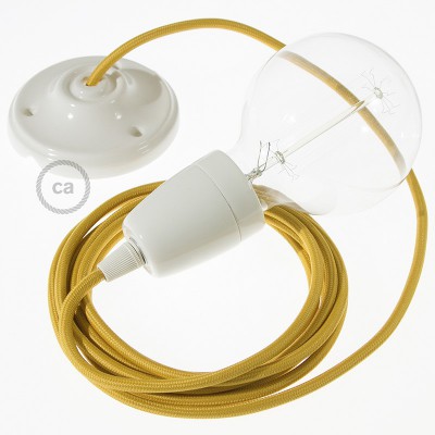 Pendel en porcelana, lámpara colgante cable textil Mostaza en tejido Efecto Seda RM25
