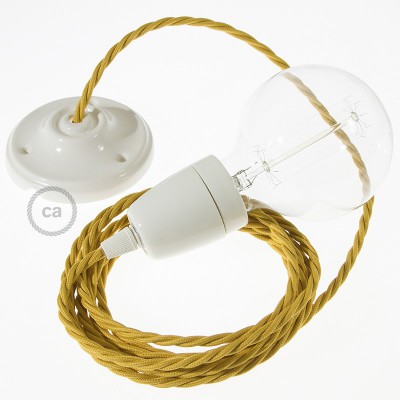 Pendel en porcelana, lámpara colgante cable textil Mostaza en tejido Efecto Seda TM25