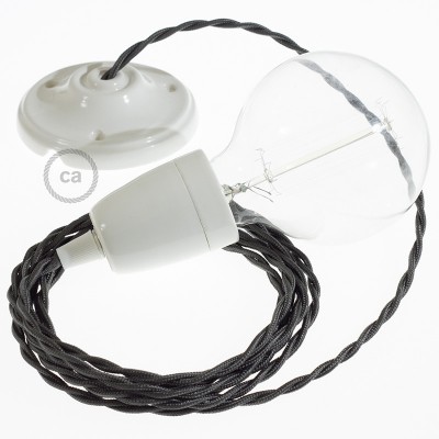 Pendel en porcelana, lámpara colgante cable textil Gris Oscuro en tejido Efecto Seda TM26