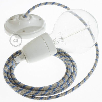 Pendel en porcelana, lámpara colgante cable textil Stripes Azul Steward RD55