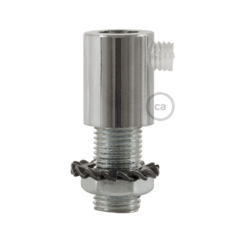 Prensaestopa redondo metal con acabado cromado completo con tubo roscado, tuerca y arandela.