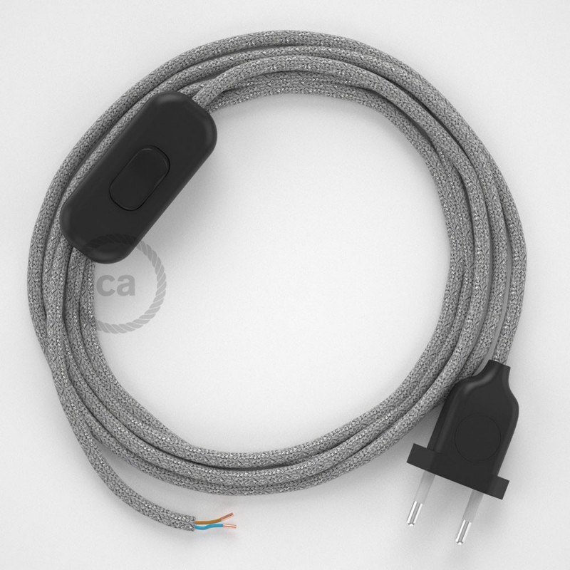 Cableado para lámpara, cable RL02 Efecto Seda Glitter Plateado 1,8m. Elige tu el color de la clavija y del interruptor!