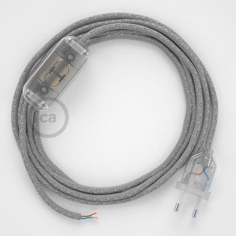 Cableado para lámpara, cable RL02 Efecto Seda Glitter Plateado 1,8m. Elige tu el color de la clavija y del interruptor!