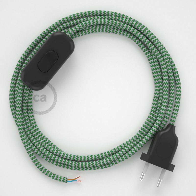Cableado para lámpara, cable RZ06 Efecto Seda ZigZag Blanco Verde 1,8m. Elige tu el color de la clavija y del interruptor!