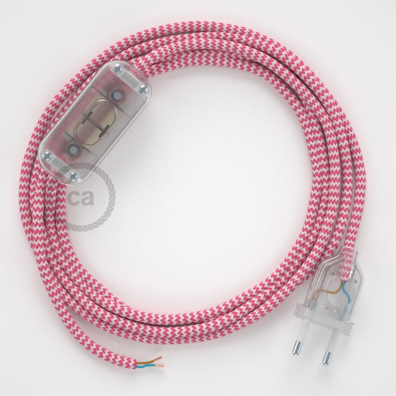 Cableado para lámpara, cable RZ08 Efecto Seda ZigZag Blanco Fuchsia 1,8m. Elige tu el color de la clavija y del interruptor!