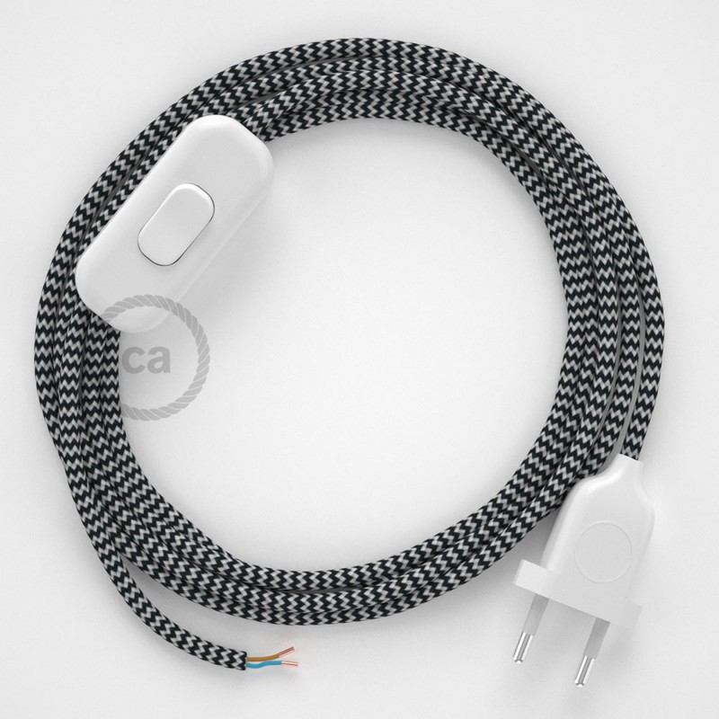 Cableado para lámpara, cable RZ04 Efecto Seda ZigZag Blanco Negro 1,8m. Elige tu el color de la clavija y del interruptor!