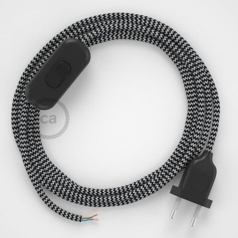 Cableado para lámpara, cable RZ04 Efecto Seda ZigZag Blanco Negro 1,8m. Elige tu el color de la clavija y del interruptor!