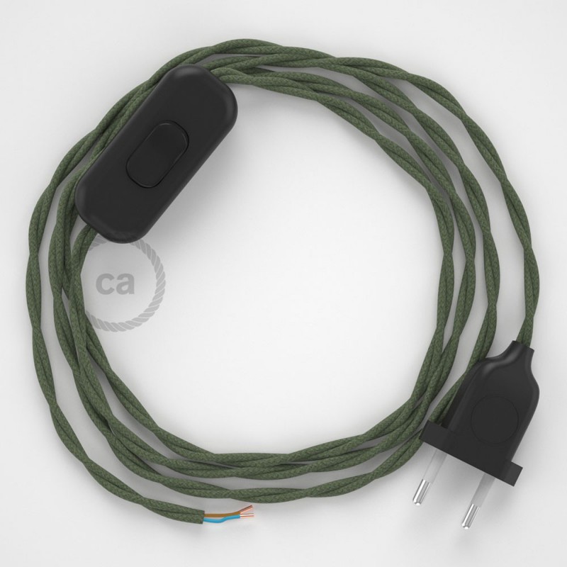 Cableado para lámpara, cable TC63 Algodón Verde Gris 1,8m. Elige tu el color de la clavija y del interruptor!