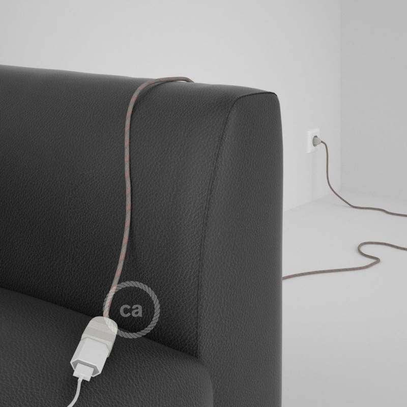 Alargador eléctrico con cable textil RD51 Algodón y Lino Natural Stripes Rosa Viejo 2P 10A Made in Italy.