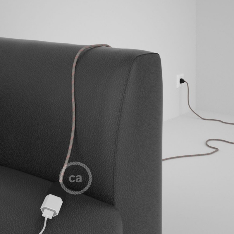 Alargador eléctrico con cable textil RD51 Algodón y Lino Natural Stripes Rosa Viejo 2P 10A Made in Italy.