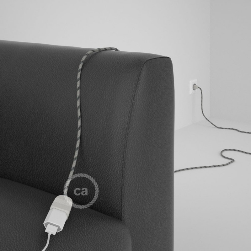 Alargador eléctrico con cable textil RD54 Algodón y Lino Natural Stripes Antracita 2P 10A Made in Italy.