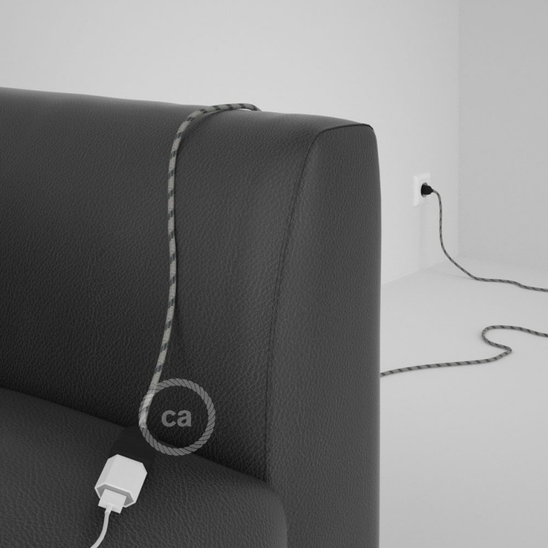 Alargador eléctrico con cable textil RD54 Algodón y Lino Natural Stripes Antracita 2P 10A Made in Italy.