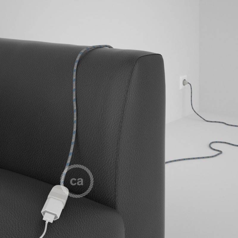 Alargador eléctrico con cable textil RD55 Algodón y Lino Natural Stripes Azul Steward 2P 10A Made in Italy.