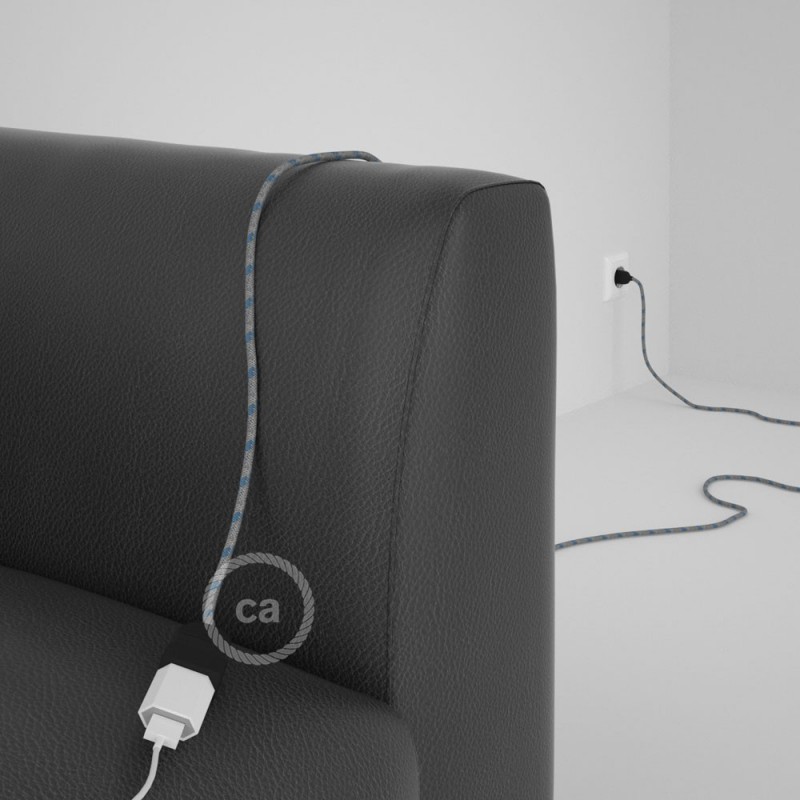 Alargador eléctrico con cable textil RD55 Algodón y Lino Natural Stripes Azul Steward 2P 10A Made in Italy.
