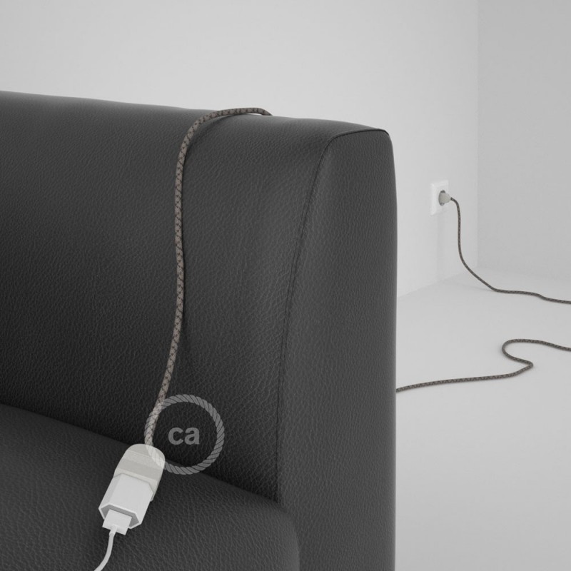 Alargador eléctrico con cable textil RD64 Algodón y Lino Natural Rombo Antracita 2P 10A Made in Italy.