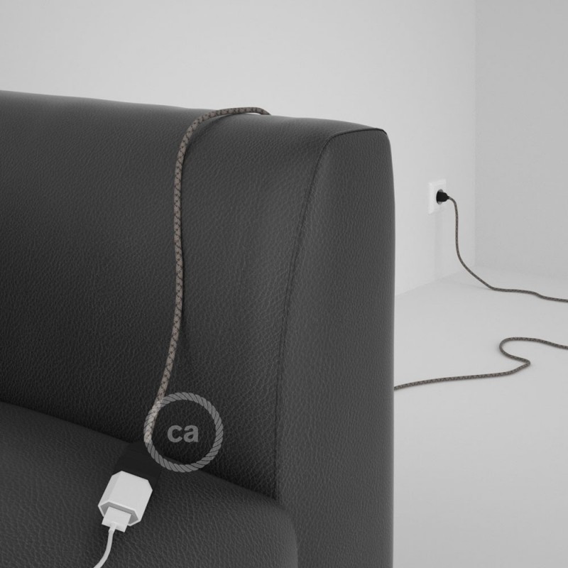 Alargador eléctrico con cable textil RD64 Algodón y Lino Natural Rombo Antracita 2P 10A Made in Italy.