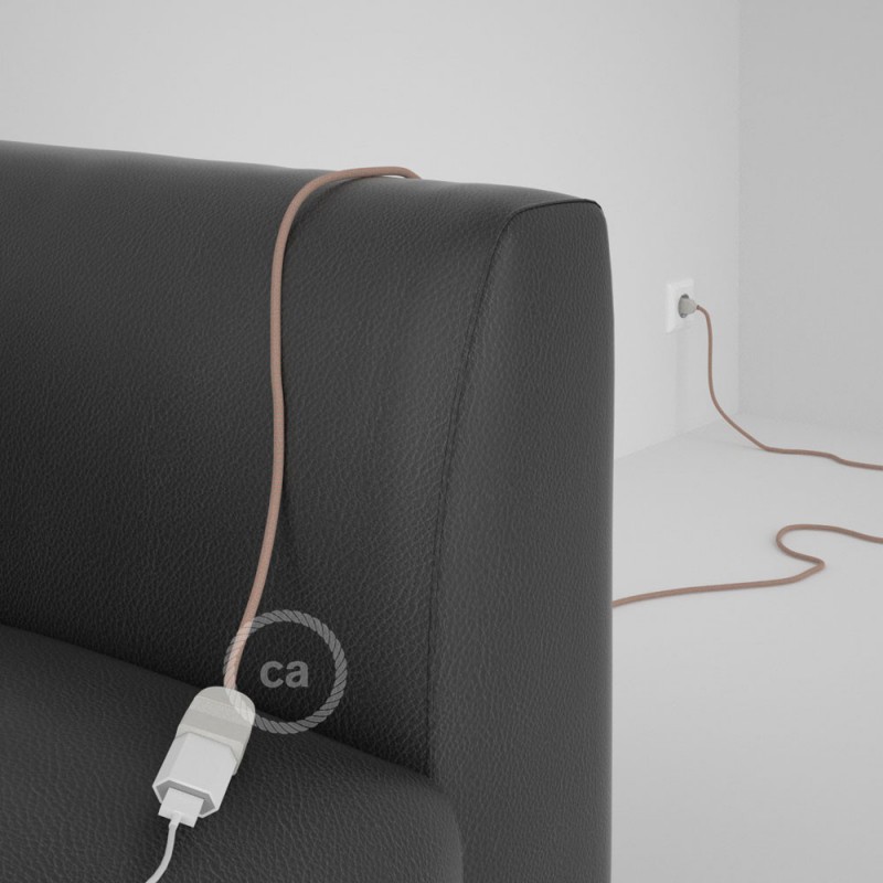 Alargador eléctrico con cable textil RD71 Algodón y Lino Natural ZigZag Rosa Viejo 2P 10A Made in Italy.