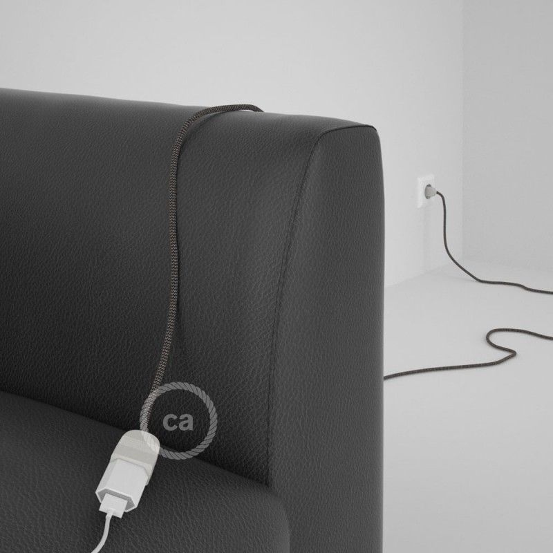 Alargador eléctrico con cable textil RD74 Algodón y Lino Natural ZigZag Antracita 2P 10A Made in Italy.