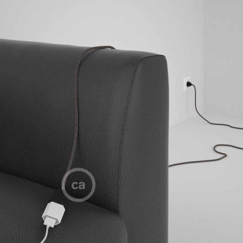 Alargador eléctrico con cable textil RD74 Algodón y Lino Natural ZigZag Antracita 2P 10A Made in Italy.
