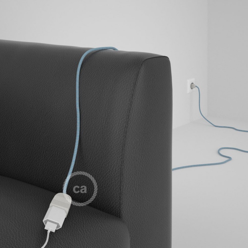 Alargador eléctrico con cable textil RD75 Algodón y Lino Natural ZigZag Azul Steward 2P 10A Made in Italy.