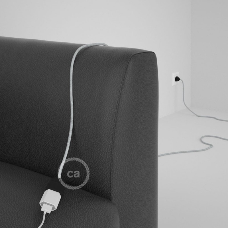Alargador eléctrico con cable textil RL01 Efecto Seda Glitter Blanco 2P 10A Made in Italy.