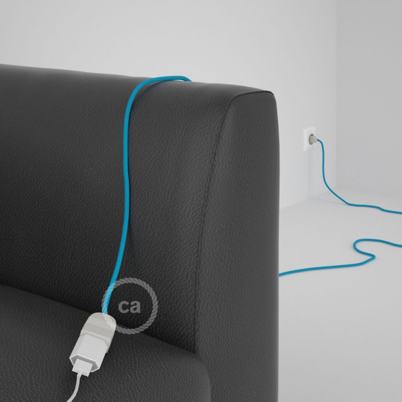 Alargador eléctrico con cable textil RM11 Efecto Seda Celeste 2P 10A Made in Italy.