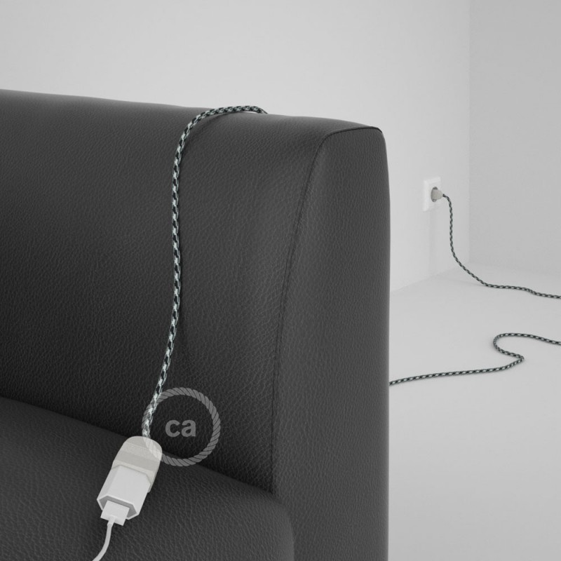 Alargador eléctrico con cable textil RP04 Efecto Seda Bicolor Blanco-Negro 2P 10A Made in Italy.