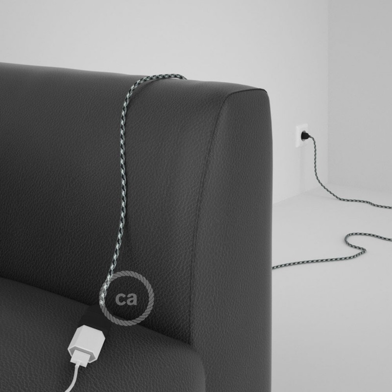 Alargador eléctrico con cable textil RP04 Efecto Seda Bicolor Blanco-Negro 2P 10A Made in Italy.