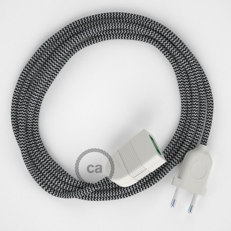 Alargador eléctrico con cable textil RZ04 Efecto Seda ZigZag Blanco Negro 2P 10A Made in Italy.