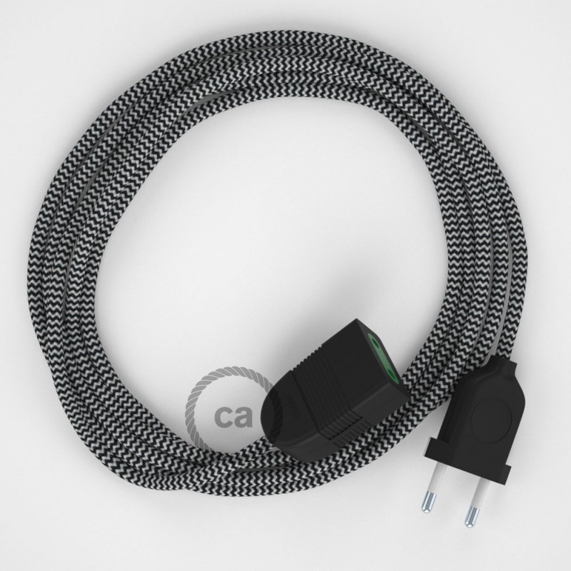 Alargador eléctrico con cable textil RZ04 Efecto Seda ZigZag Blanco Negro 2P 10A Made in Italy.