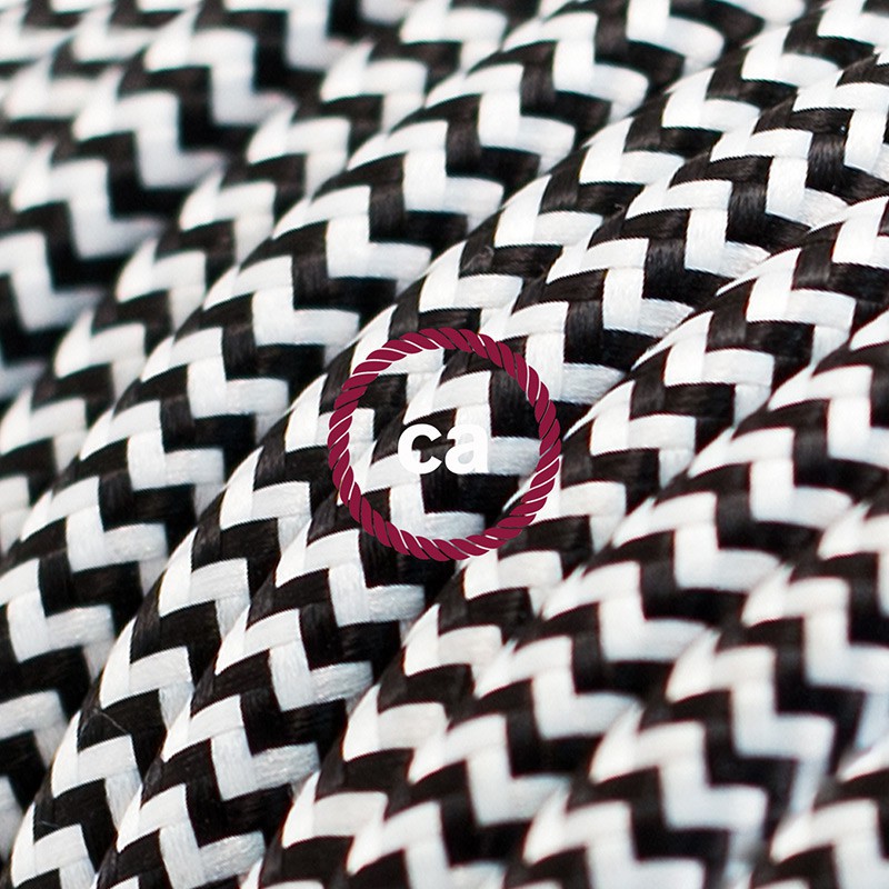 Alargador eléctrico con cable textil RZ04 Efecto Seda ZigZag Blanco Negro 2P 10A Made in Italy.