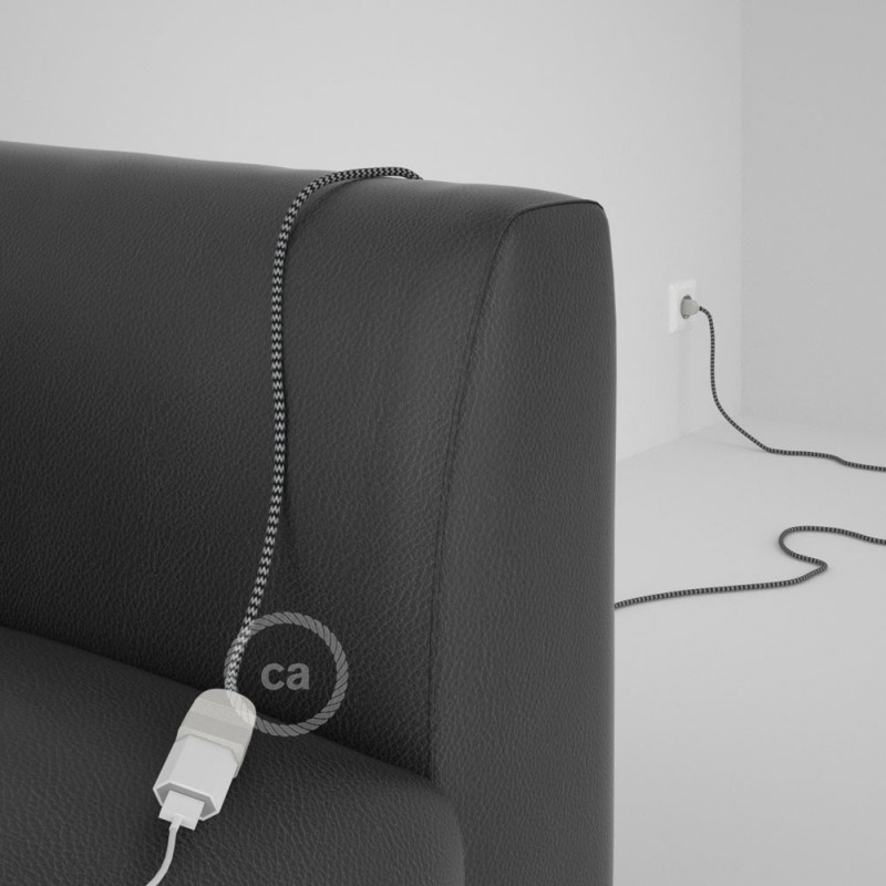 Alargador eléctrico con cable textil RZ04 Efecto Seda ZigZag Blanco Negro 2P 10A Made in Italy.
