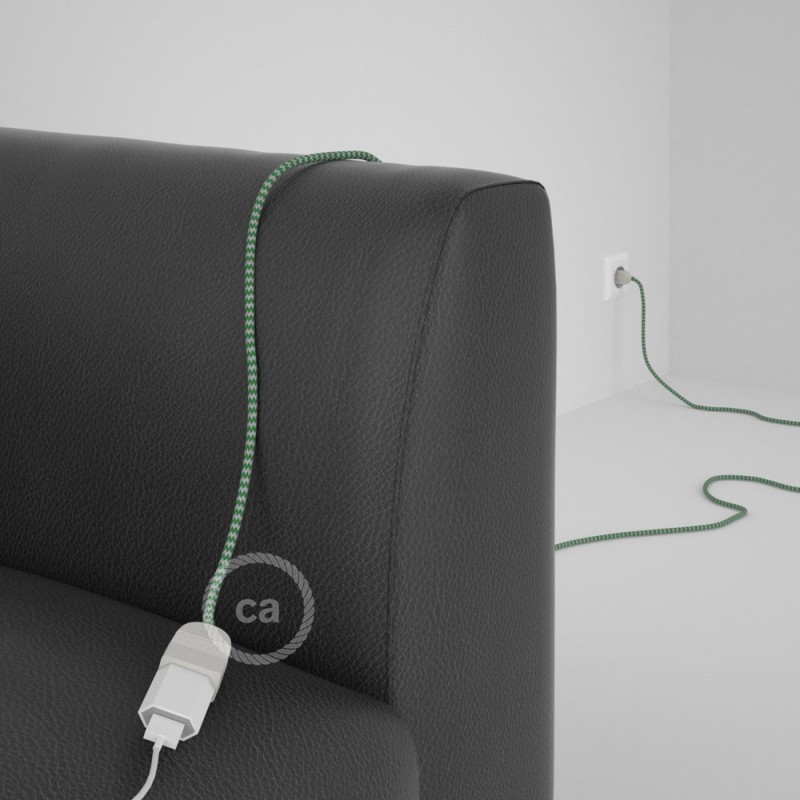 Alargador eléctrico con cable textil RZ06 Efecto Seda ZigZag Blanco Verde 2P 10A Made in Italy.