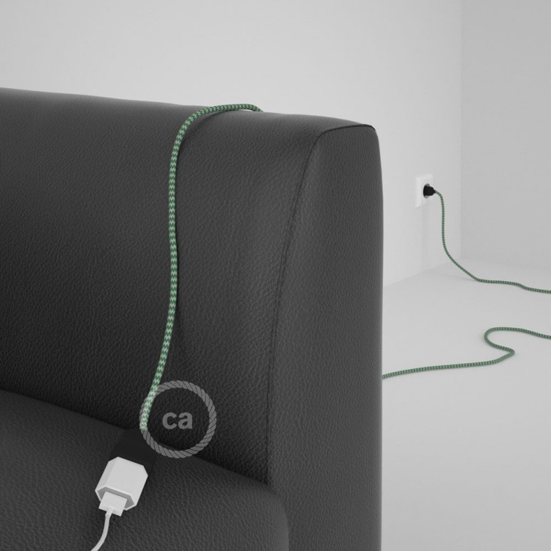 Alargador eléctrico con cable textil RZ06 Efecto Seda ZigZag Blanco Verde 2P 10A Made in Italy.