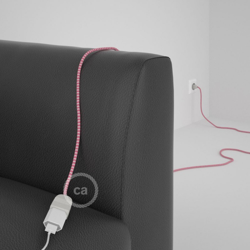 Alargador eléctrico con cable textil RZ08 Efecto Seda ZigZag Blanco Fuchsia 2P 10A Made in Italy.
