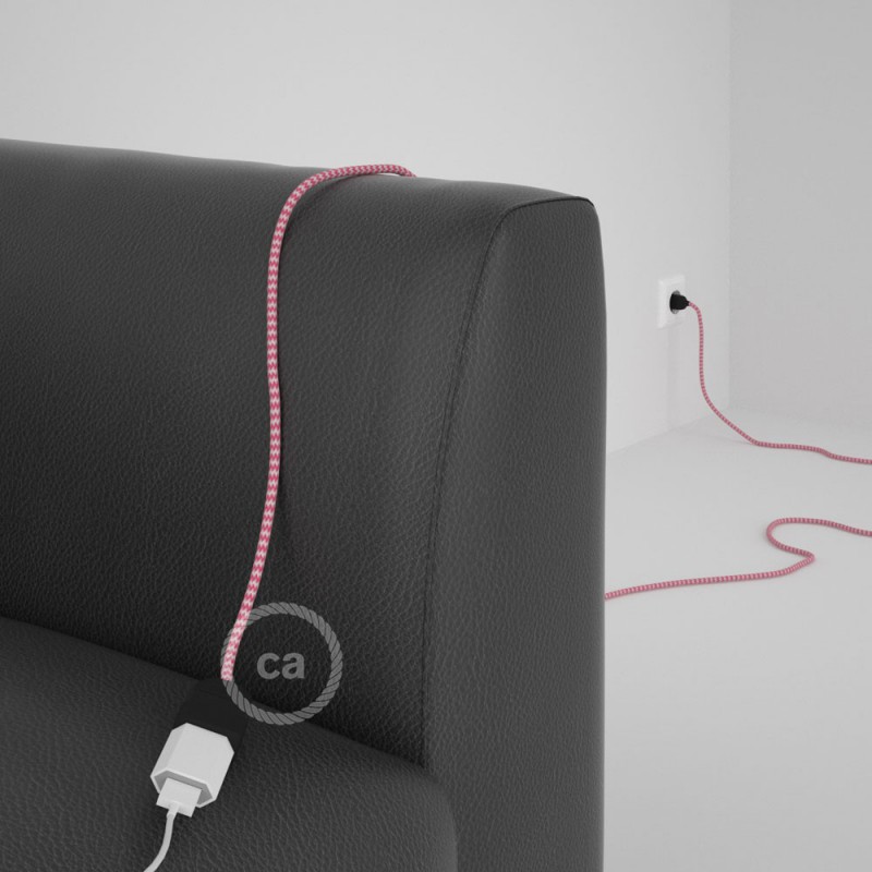 Alargador eléctrico con cable textil RZ08 Efecto Seda ZigZag Blanco Fuchsia 2P 10A Made in Italy.