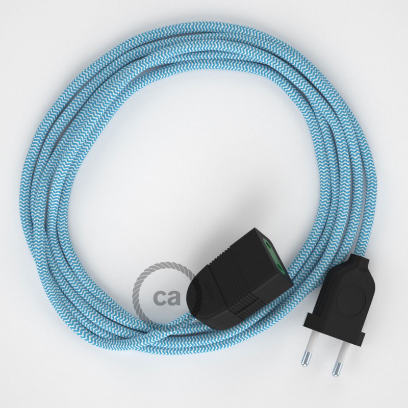 Alargador eléctrico con cable textil RZ11 Efecto Seda ZigZag Blanco Celeste 2P 10A Made in Italy.