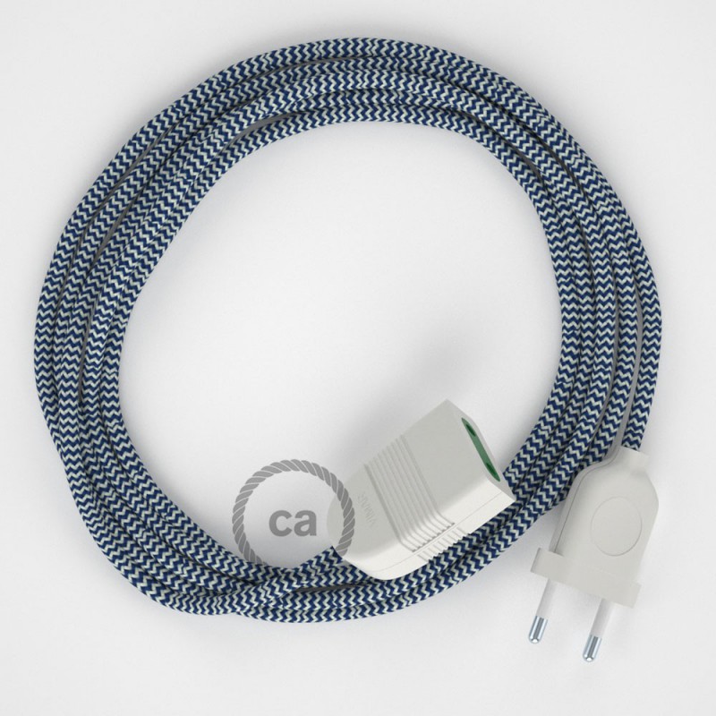 Alargador eléctrico con cable textil RZ12 Efecto Seda ZigZag Blanco Azul 2P 10A Made in Italy.