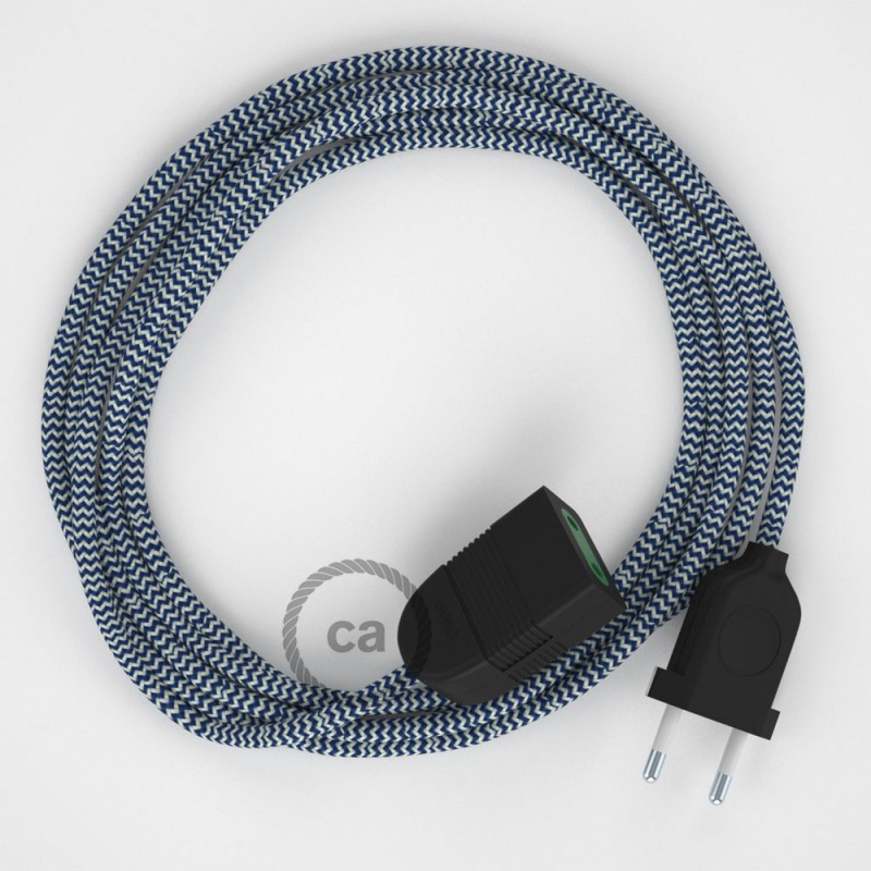 Alargador eléctrico con cable textil RZ12 Efecto Seda ZigZag Blanco Azul 2P 10A Made in Italy.