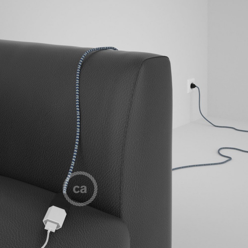 Alargador eléctrico con cable textil RZ12 Efecto Seda ZigZag Blanco Azul 2P 10A Made in Italy.