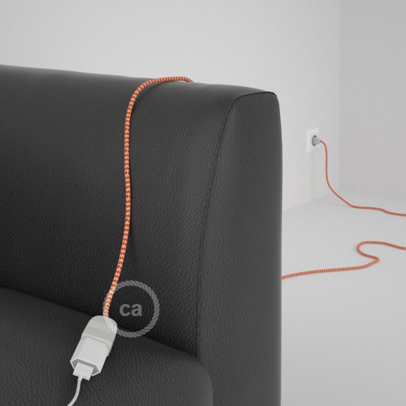 Alargador eléctrico con cable textil RZ15 Efecto Seda ZigZag Blanco Naranja 2P 10A Made in Italy.