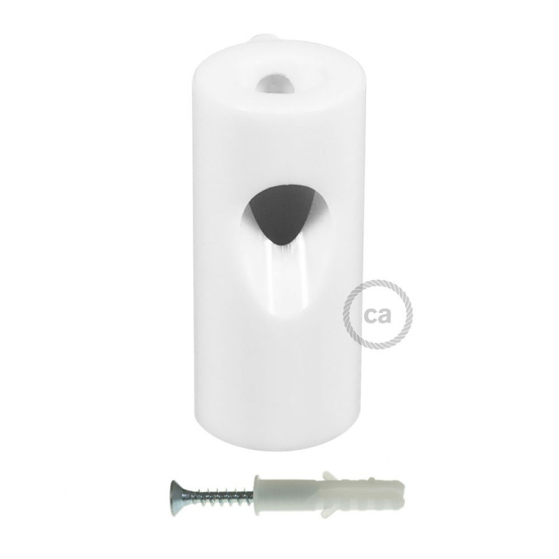 Soporte con enganche de techo blanco para cable eléctrico textil con tornillo de fijación.