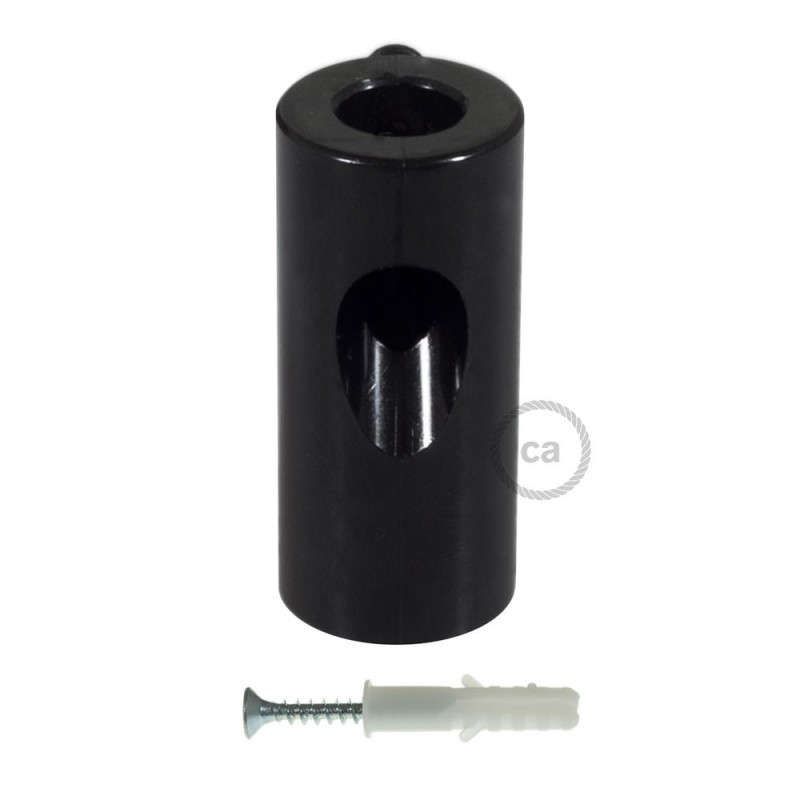 Soporte con enganche de techo negro para cable eléctrico textil con tornillo de fijación.