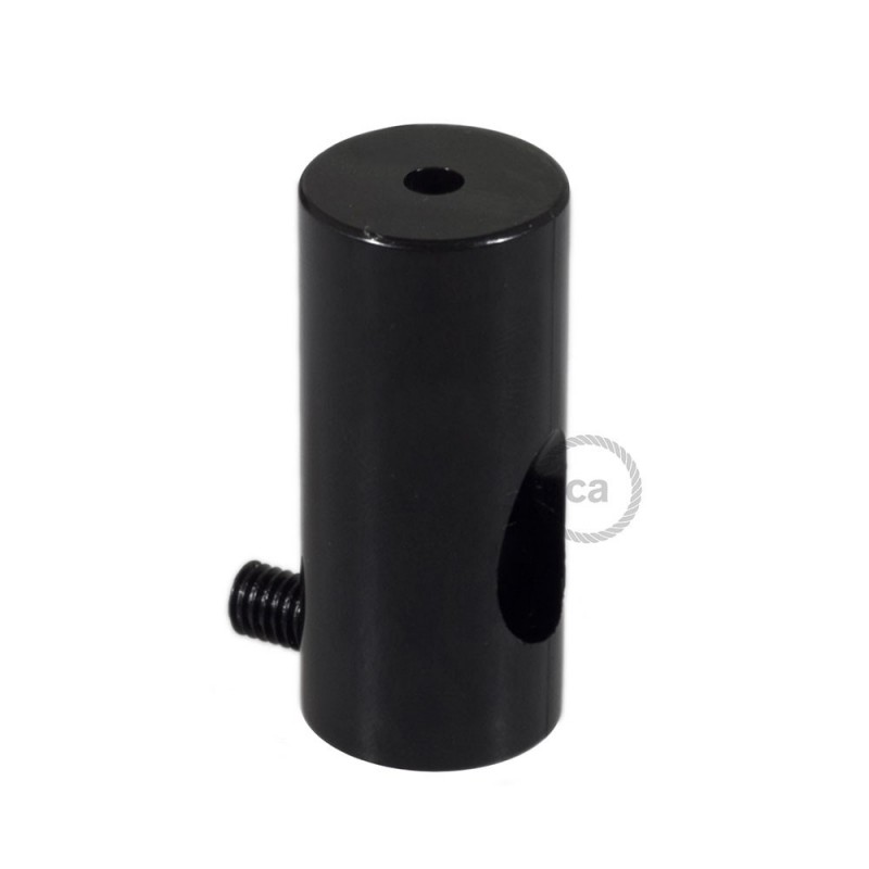 Soporte con enganche de techo negro para cable eléctrico textil con tornillo de fijación.