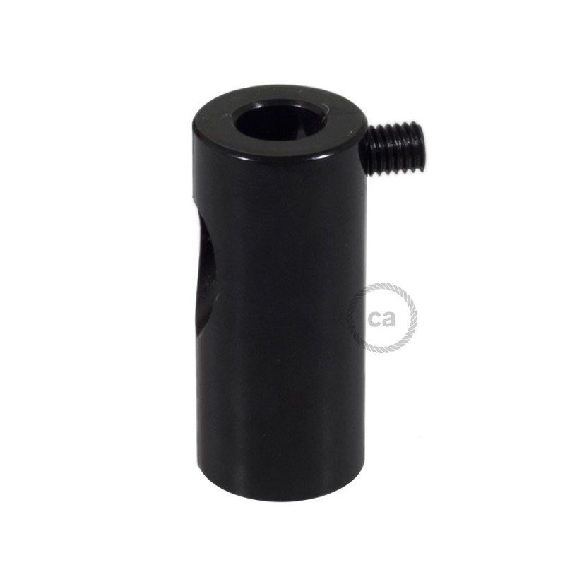 Soporte con enganche de techo negro para cable eléctrico textil con tornillo de fijación.