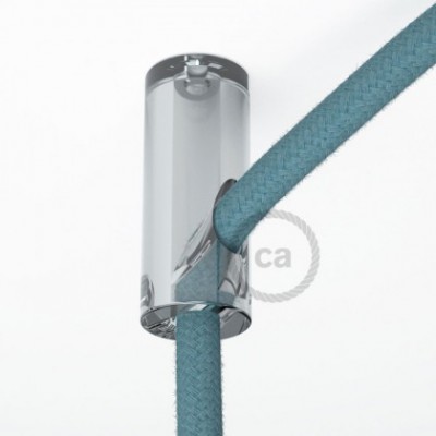 Soporte con enganche de techo transparente para cable eléctrico textil con tornillo de fijación.