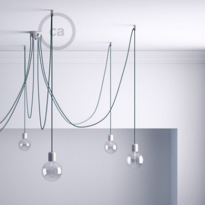 Soporte con enganche de techo transparente para cable eléctrico textil con tornillo de fijación.
