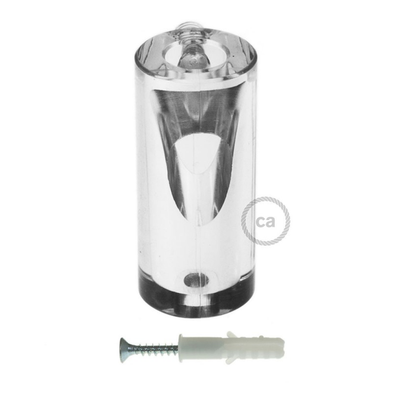 Soporte con enganche de techo transparente para cable eléctrico textil con tornillo de fijación.