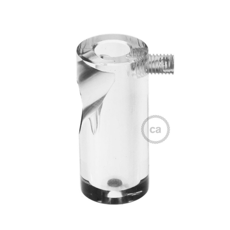 Soporte con enganche de techo transparente para cable eléctrico textil con tornillo de fijación.