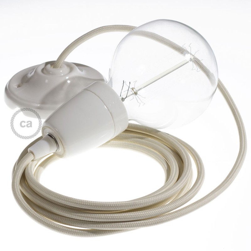Pendel en porcelana, lámpara colgante cable textil Marfil en tejido Efecto Seda RM00